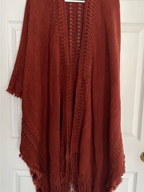 Rust Open-Front Knit Fringe Sweater Wrap - Women